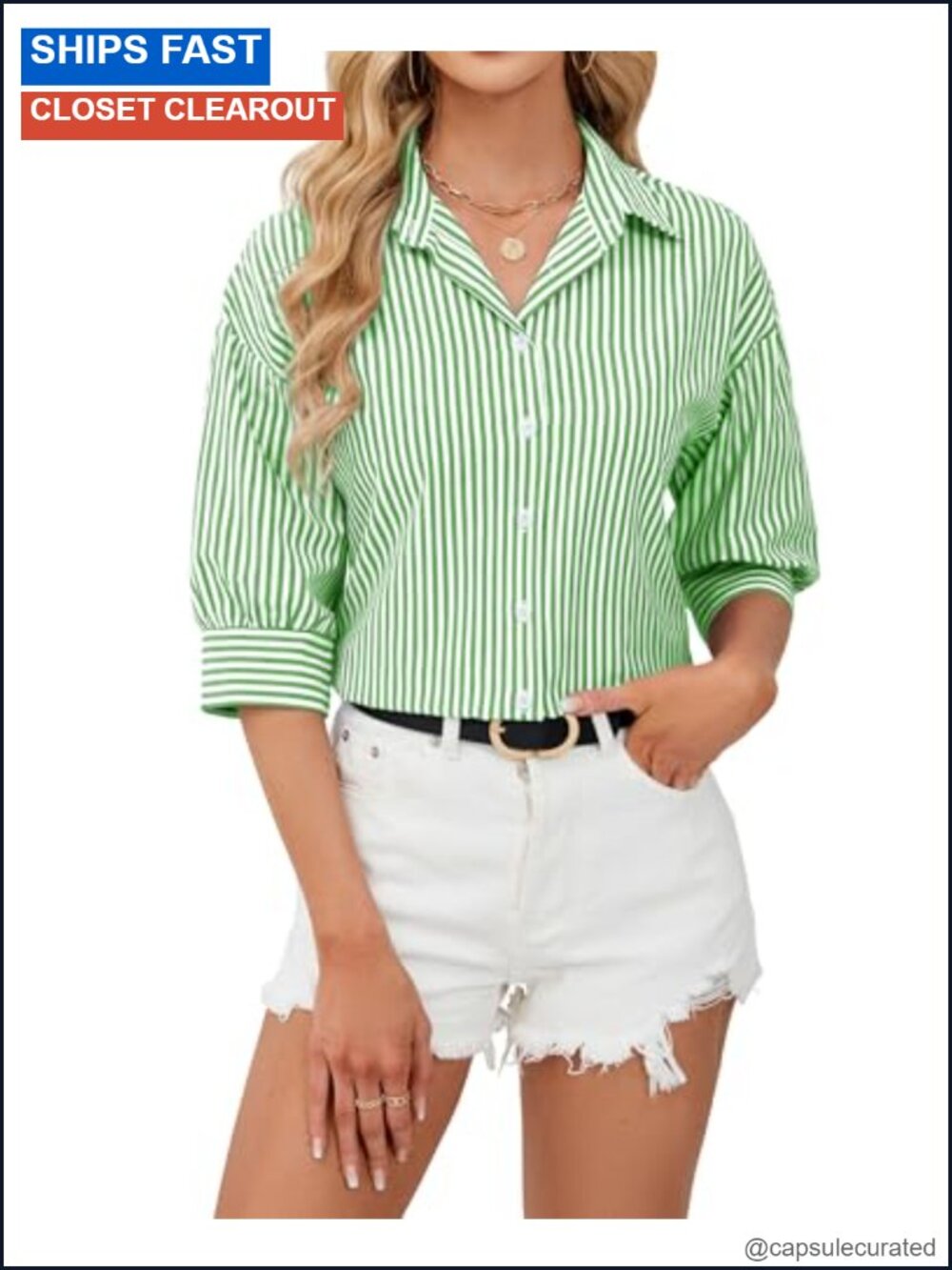 Striped Button Down Shirt Women 3/4 Sleeve Collared Cotton Blend Blouse